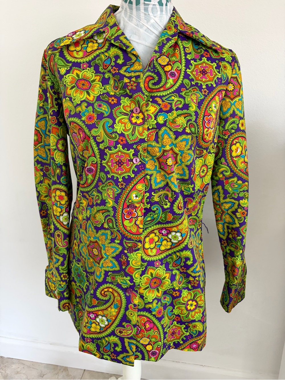 Vibrant 70’s  Paisley Alex Coleman California Button-Up Tunic Top L